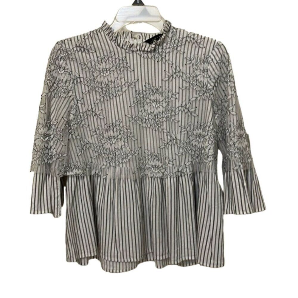 Zara Black White Striped Floral Lace Overlay Top Womens Size Medium